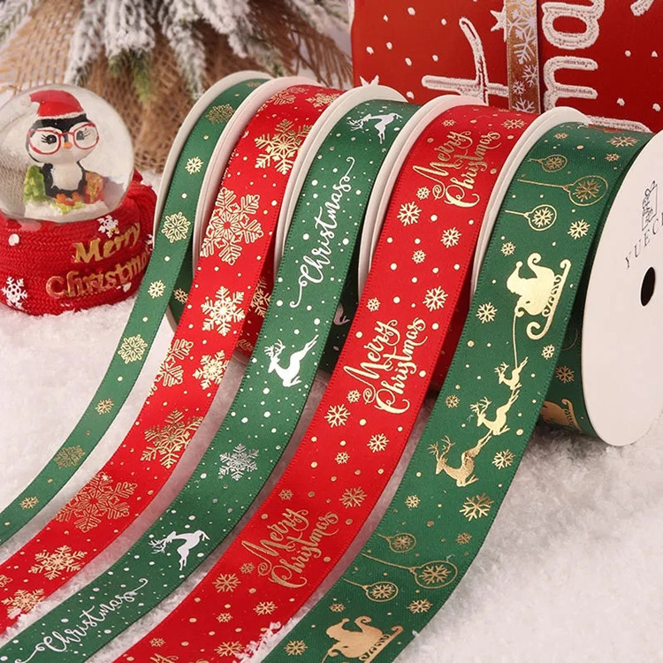 Gift custom polyester hot stamping satin Christmas ribbon